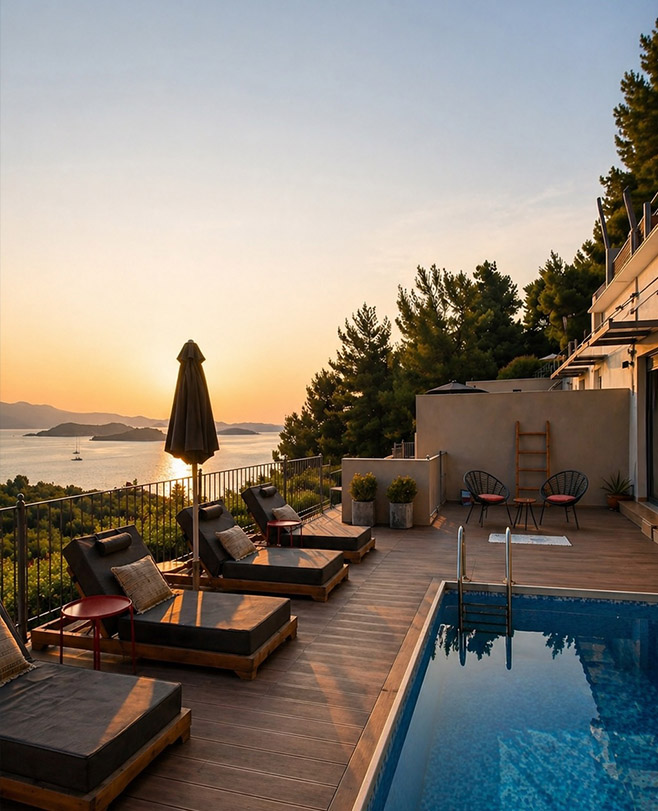 Private villa terrace with pool and sea view in Skiathos