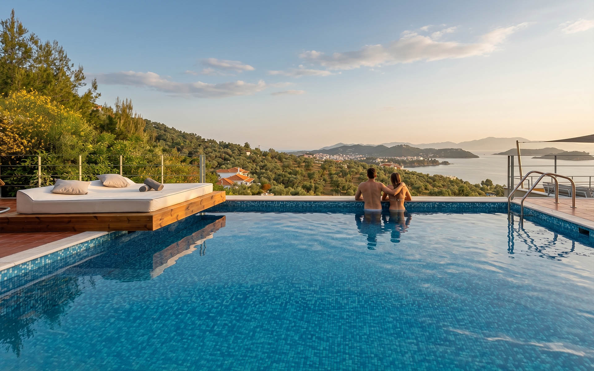 Skiathos Gea Villas private pool at night with sea view
